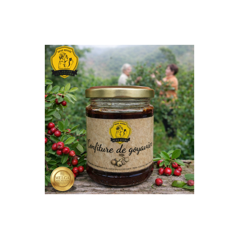Confiture artisanale de goyavier de La Maison du Curcuma. Petit fruit rouge réunionnais. Certification MELGA OR – 100 % Réunion.