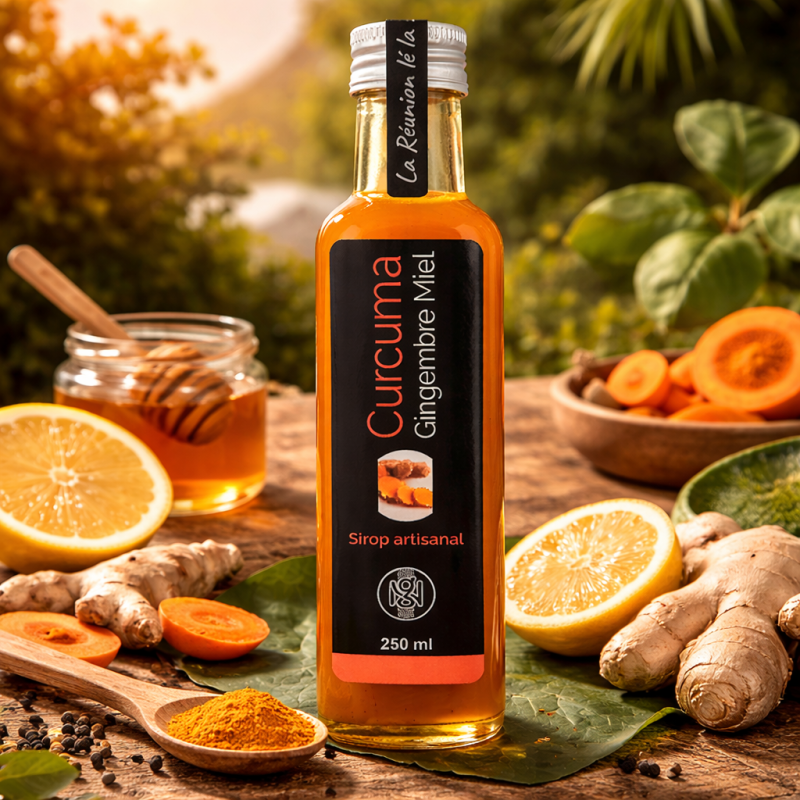 Sirop Curcuma Gingembre Miel – Nature & Gourmandises  Sirop artisanal Réunion 250 ml – Épicerie fine La Réunion