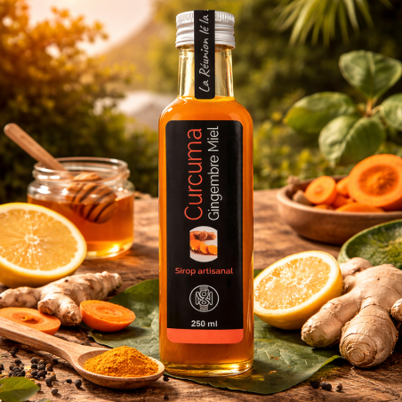 Sirop Curcuma Gingembre Miel – Nature & Gourmandises  Sirop artisanal Réunion 250 ml – Épicerie fine La Réunion