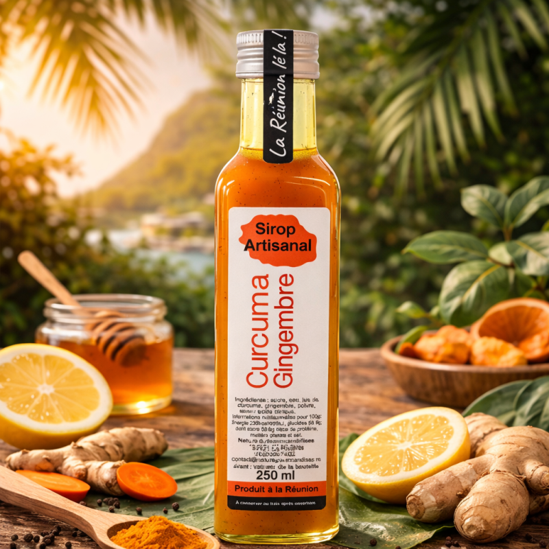 Sirop Curcuma Gingembre – Nature & Gourmandises  Sirop artisanal Réunion 250 ml – Épicerie fine La Réunion