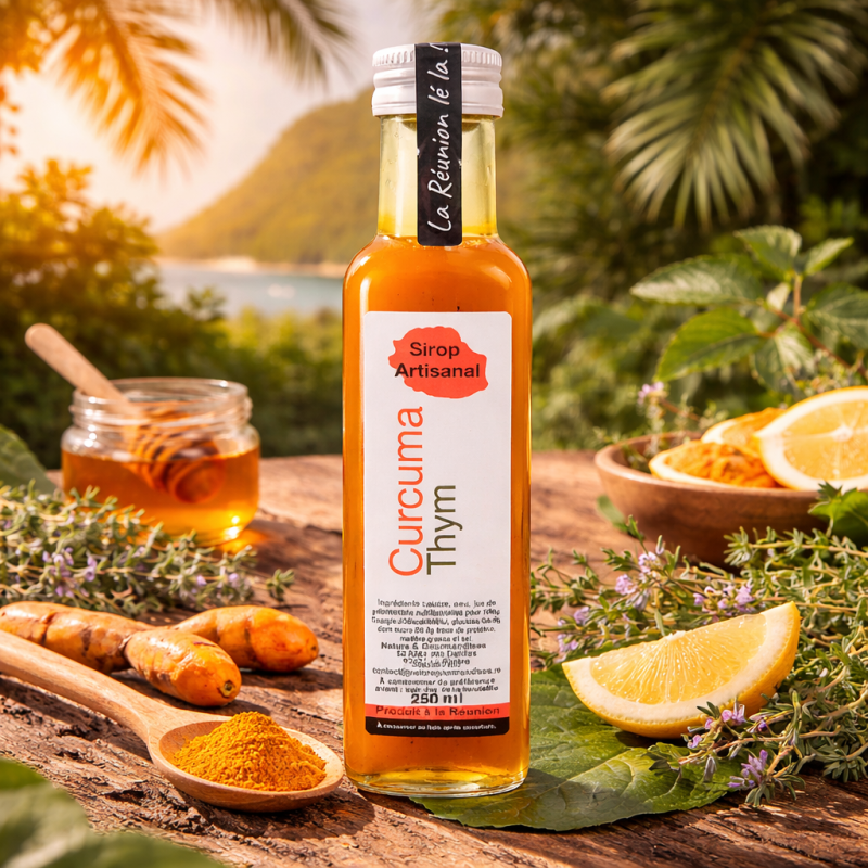 Sirop Curcuma Thym – Nature & Gourmandises | Sirop artisanal Réunion 250 ml
